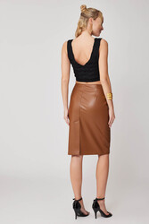 Arkası Yırtmaçlı Deri Kalem Etek - 11