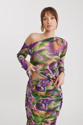 Asimetrik Yaka Tül Bluz - Thumbnail (7)