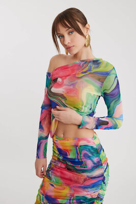 Asimetrik Yaka Tül Bluz - Thumbnail (3)