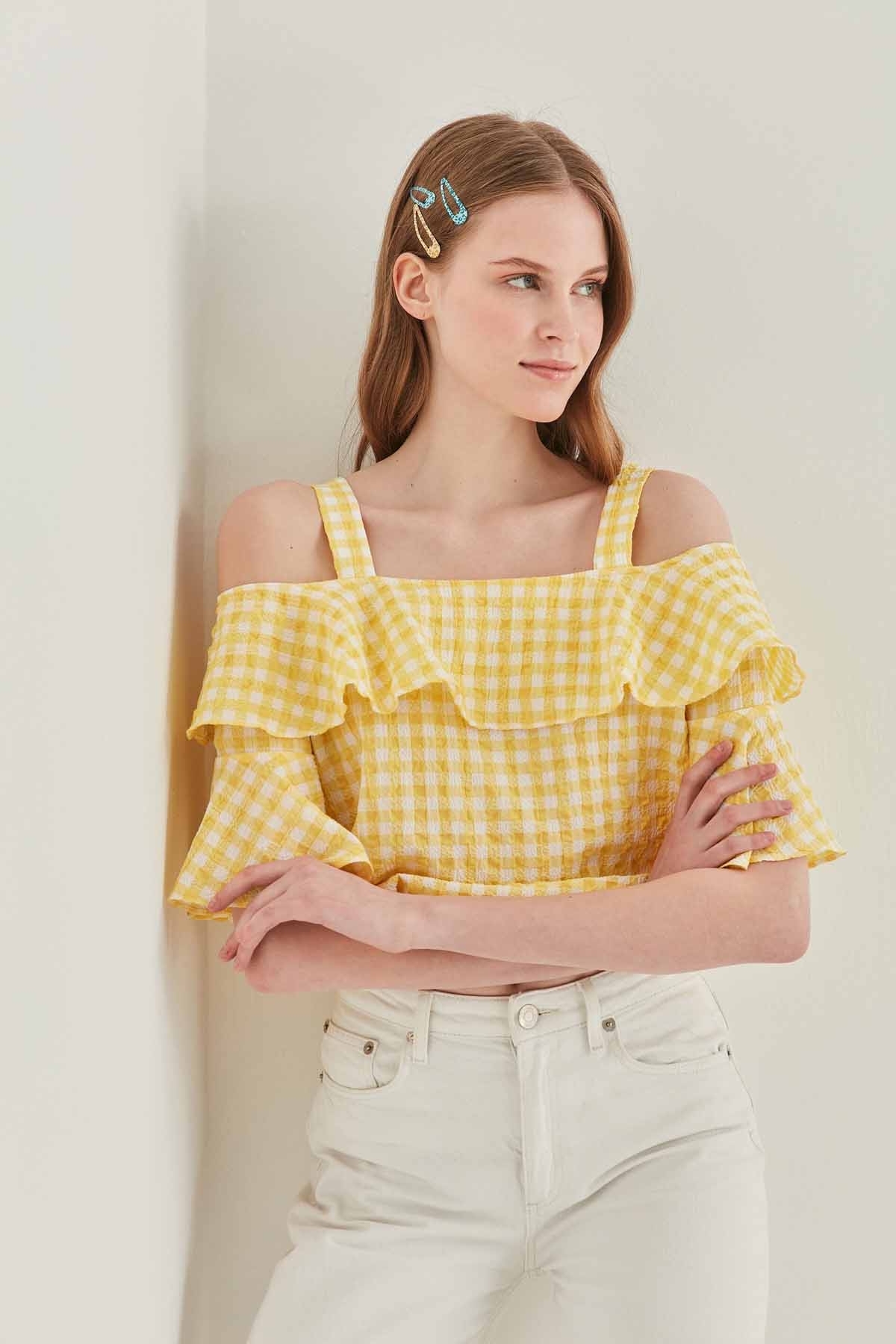 Askılı Volanlı Eteği Lastikli Bluz - Thumbnail