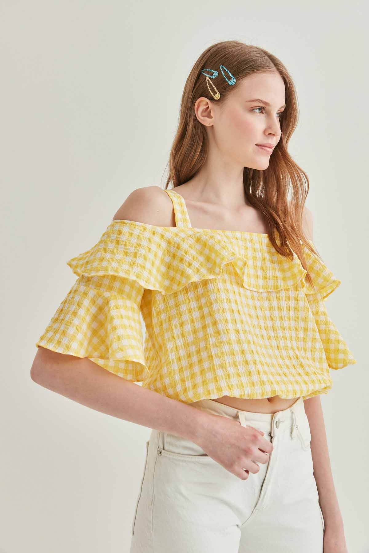 Askılı Volanlı Eteği Lastikli Bluz - Thumbnail