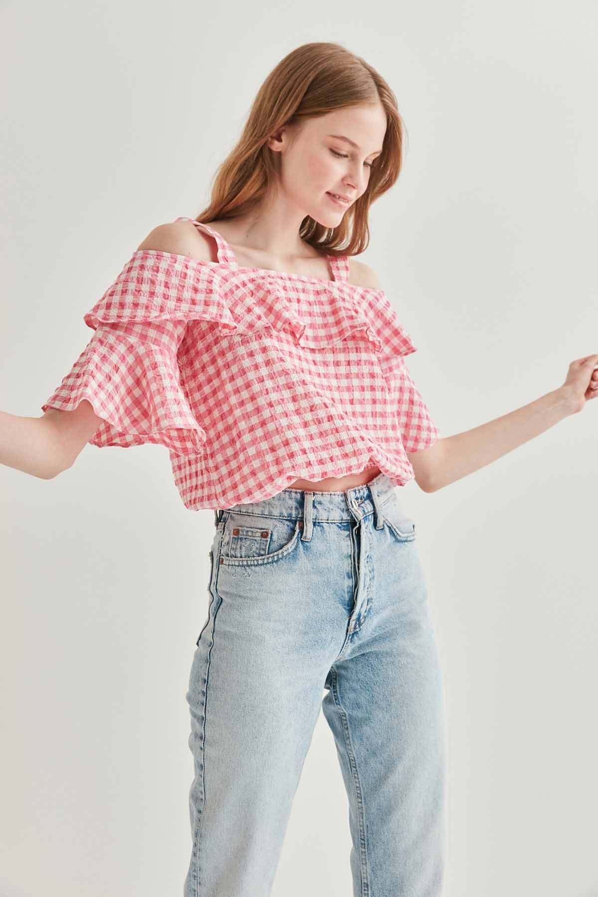 Askılı Volanlı Eteği Lastikli Bluz - Thumbnail