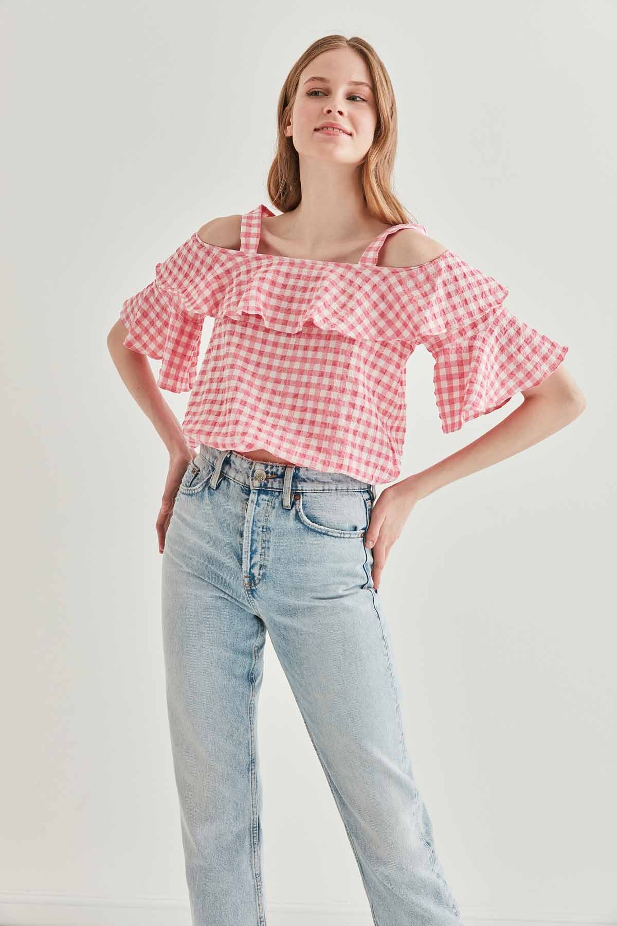 Askılı Volanlı Eteği Lastikli Bluz - Thumbnail