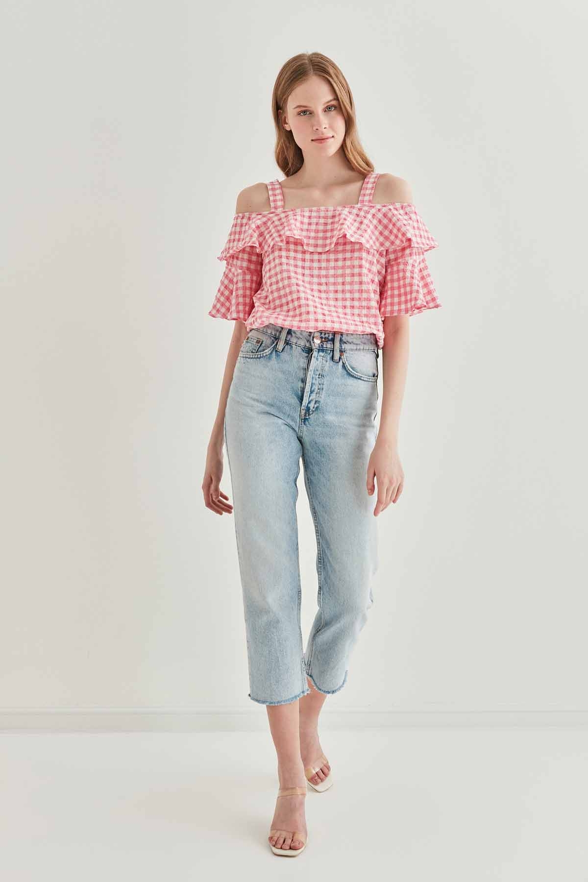 Askılı Volanlı Eteği Lastikli Bluz - Thumbnail