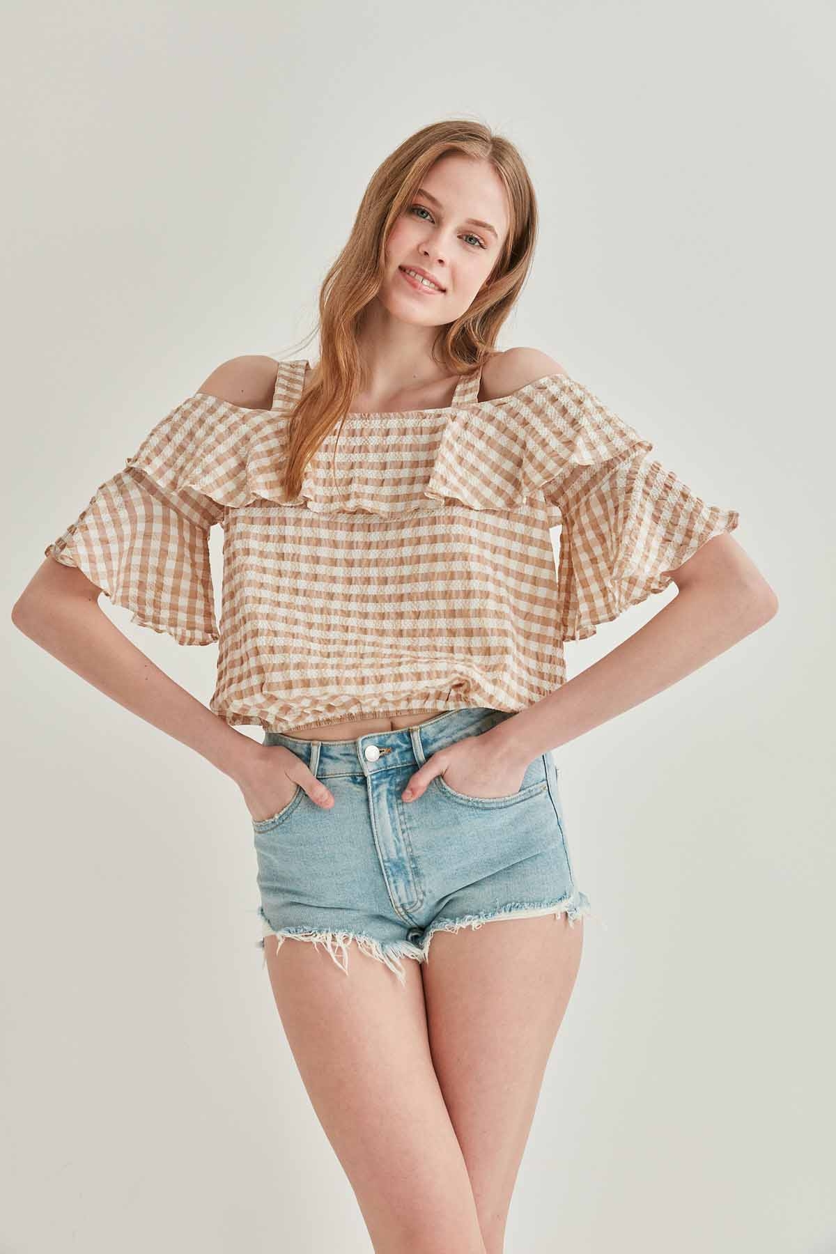 Askılı Volanlı Eteği Lastikli Bluz - Thumbnail