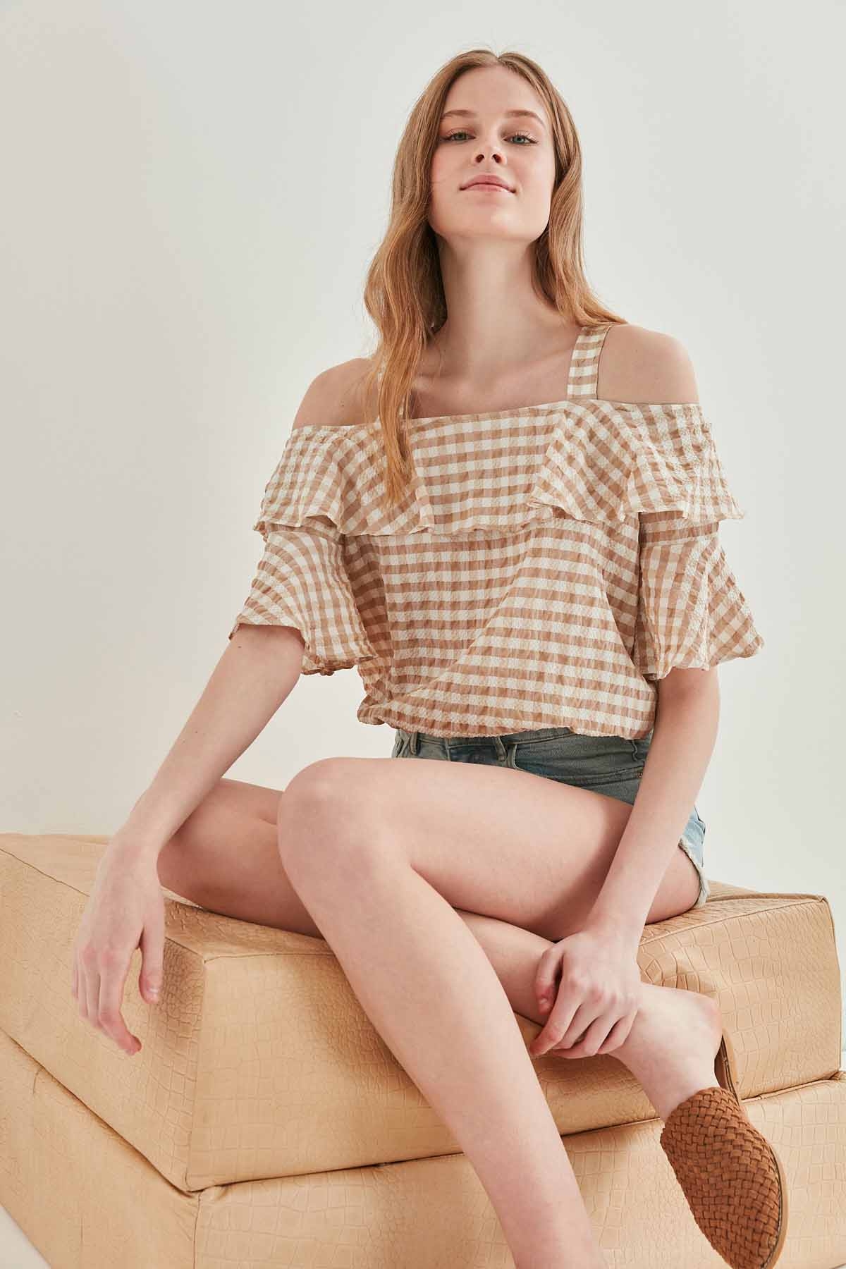 Askılı Volanlı Eteği Lastikli Bluz - Thumbnail