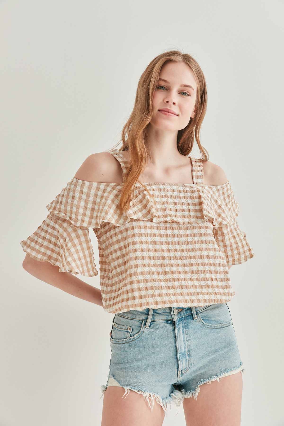 Askılı Volanlı Eteği Lastikli Bluz - Thumbnail