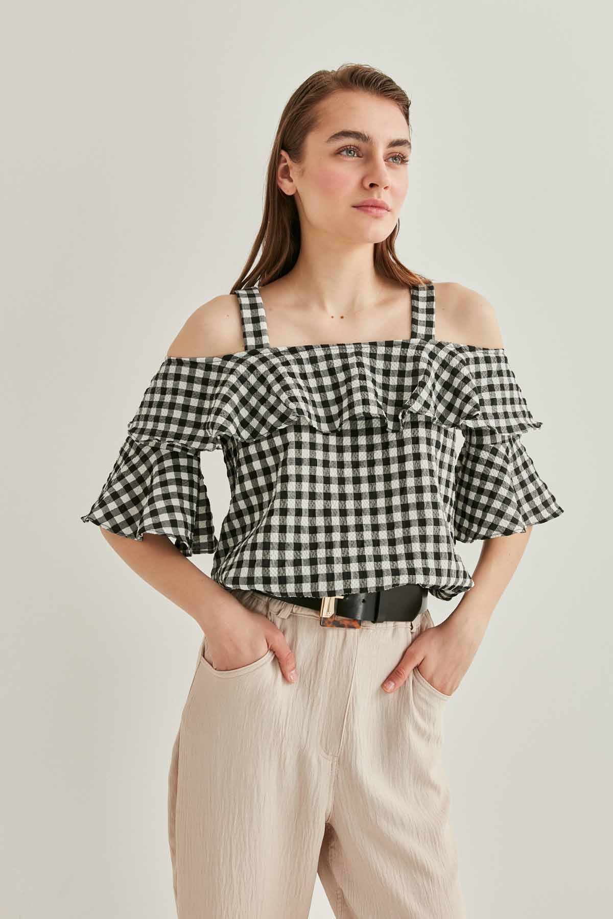 Askılı Volanlı Eteği Lastikli Bluz - Thumbnail