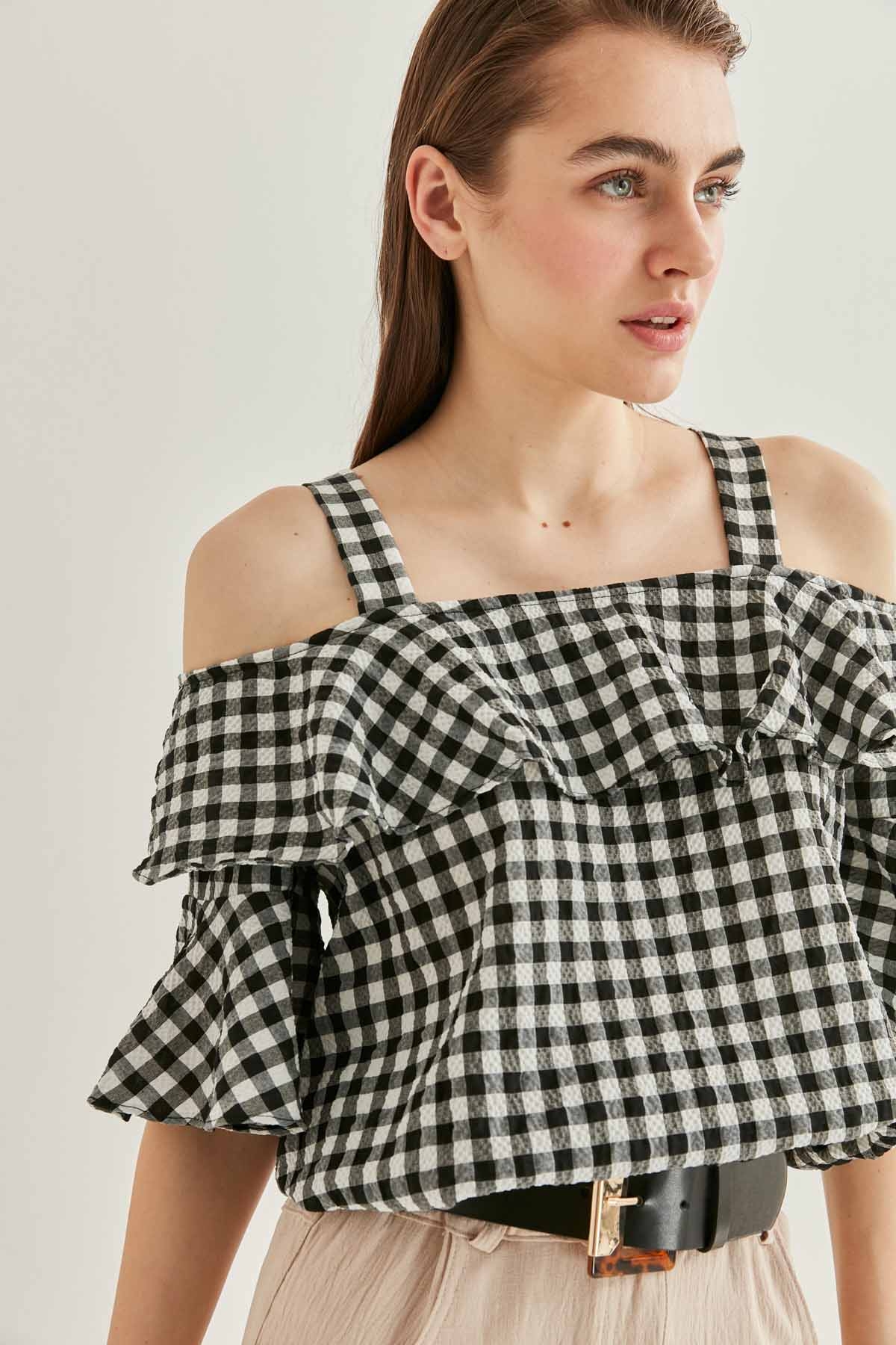 Askılı Volanlı Eteği Lastikli Bluz - Thumbnail