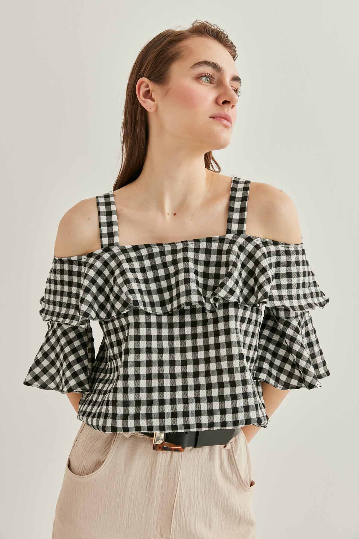 Askılı Volanlı Eteği Lastikli Bluz - Thumbnail