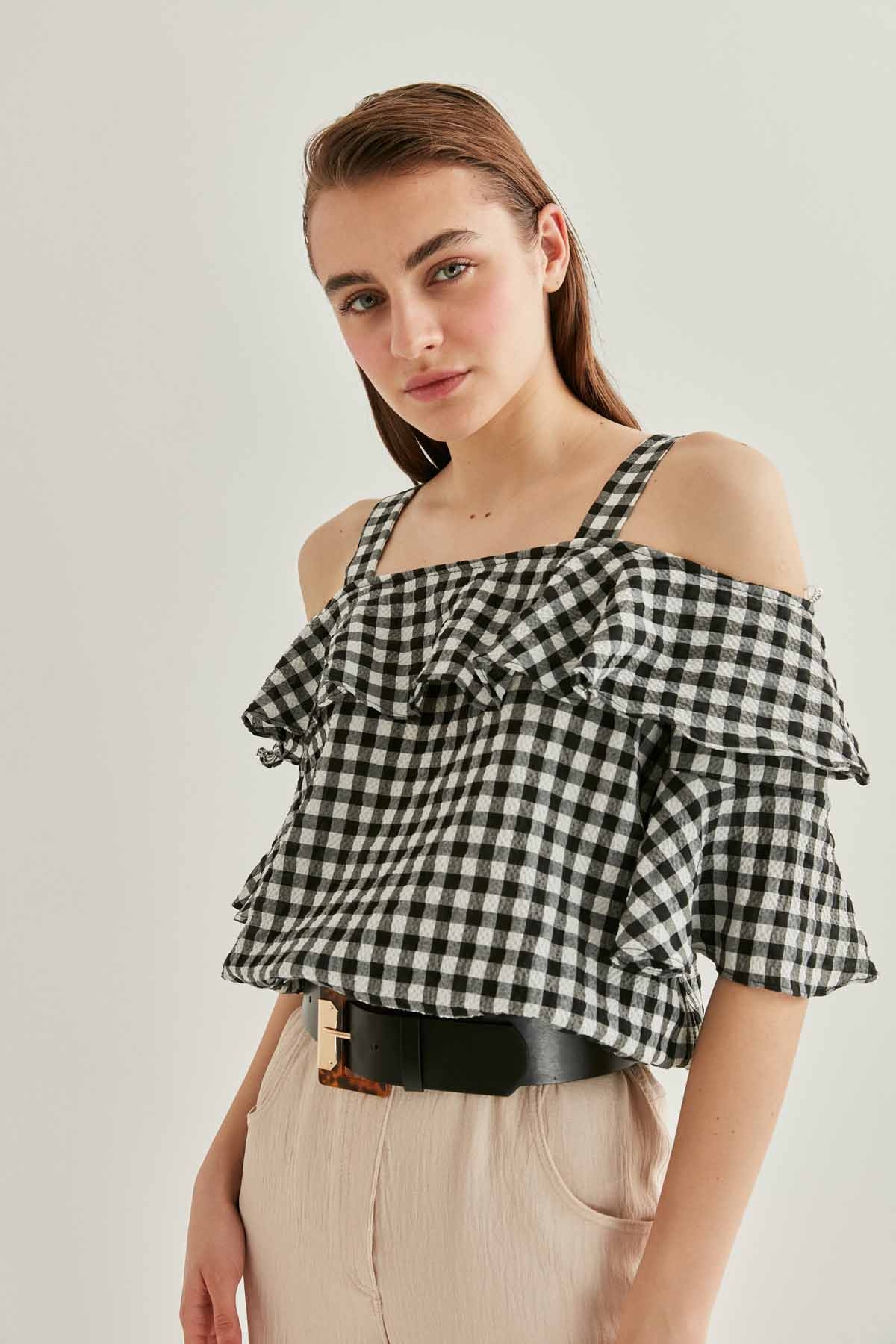 Askılı Volanlı Eteği Lastikli Bluz - Thumbnail