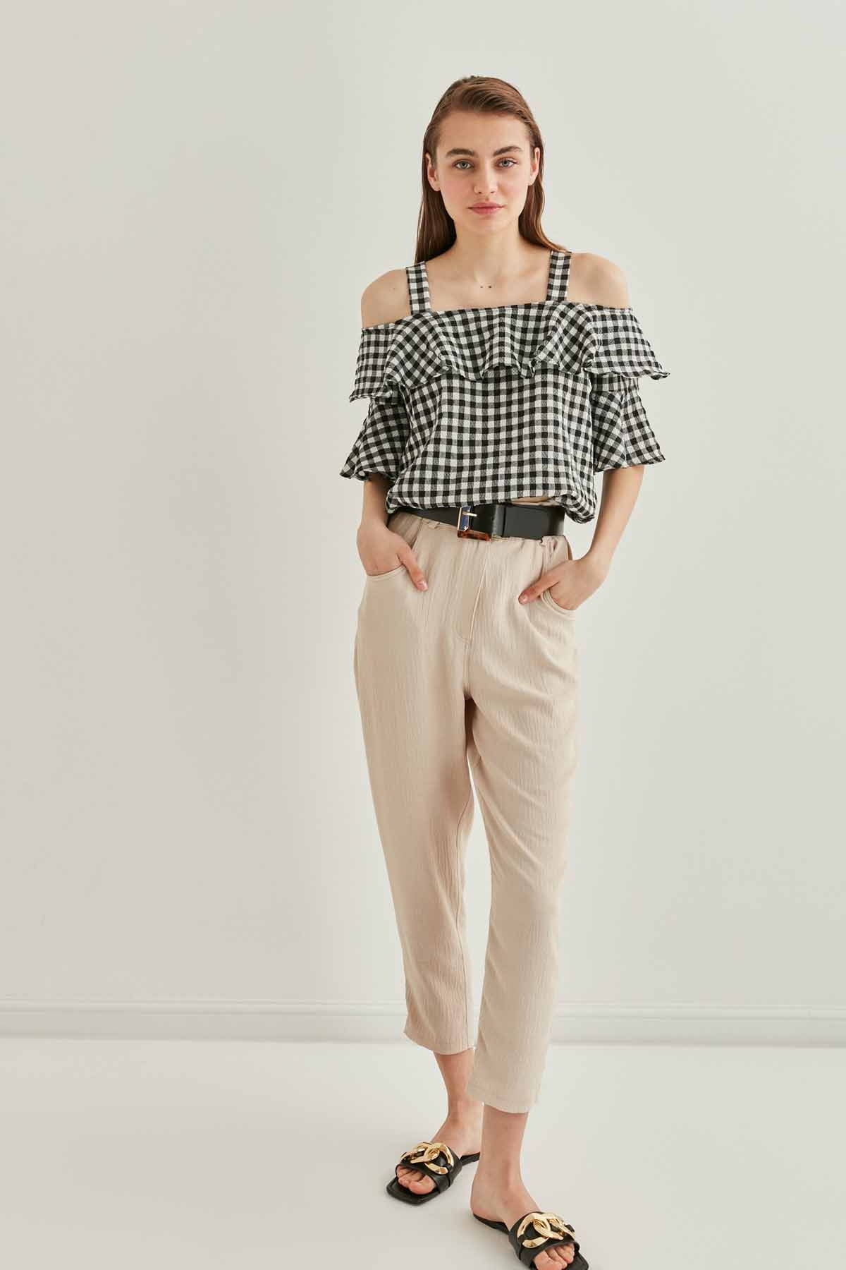 Askılı Volanlı Eteği Lastikli Bluz - Thumbnail