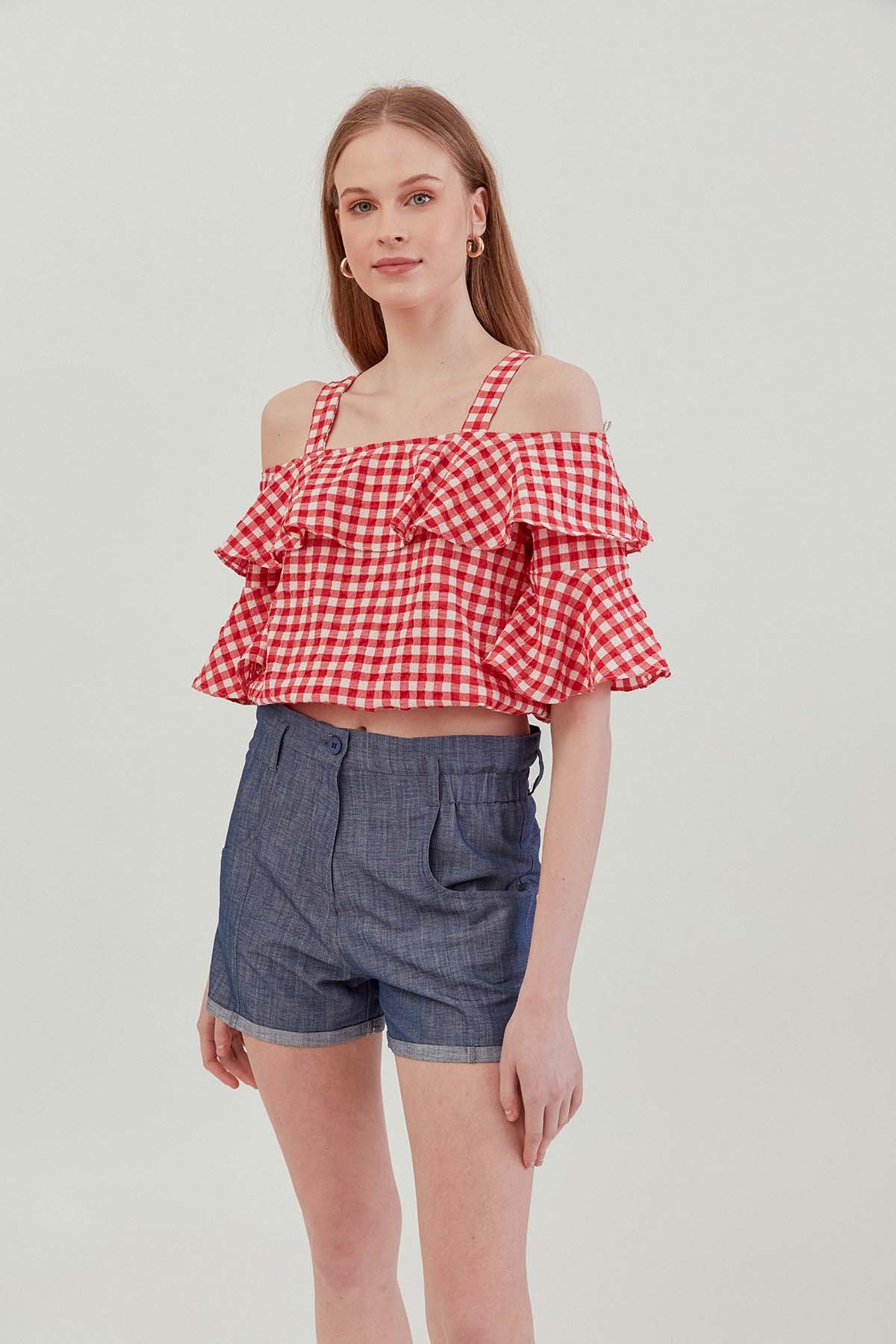 Askılı Volanlı Eteği Lastikli Bluz - Thumbnail