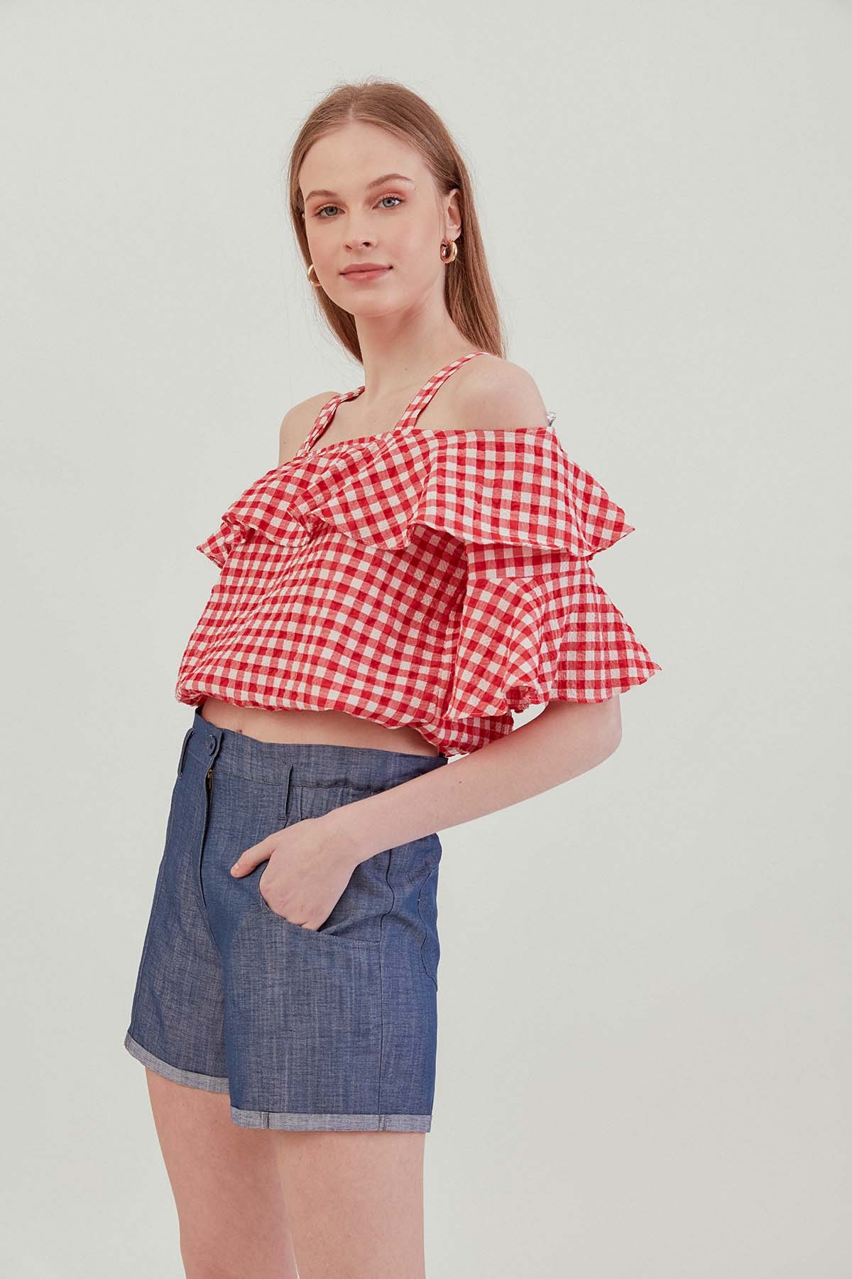 Askılı Volanlı Eteği Lastikli Bluz - Thumbnail