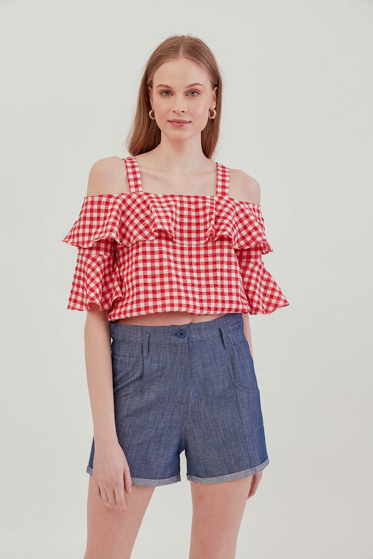 Askılı Volanlı Eteği Lastikli Bluz - Thumbnail