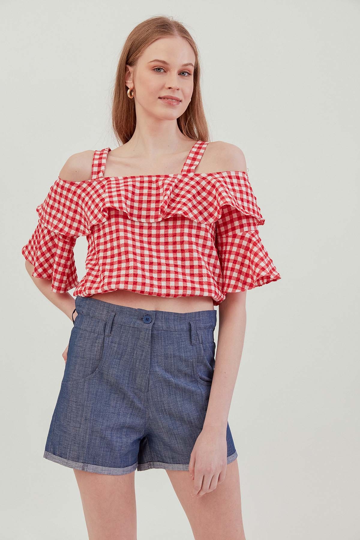 Askılı Volanlı Eteği Lastikli Bluz - Thumbnail