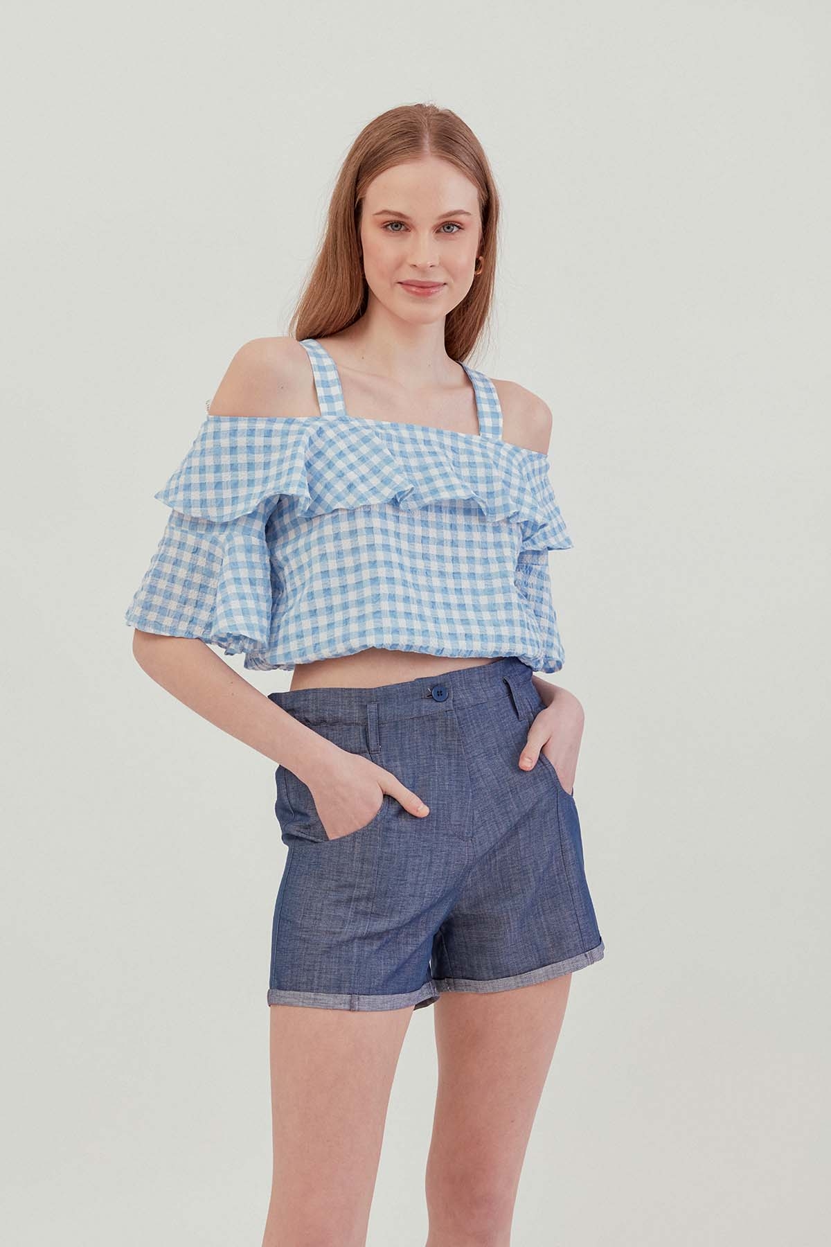 Askılı Volanlı Eteği Lastikli Bluz - Thumbnail