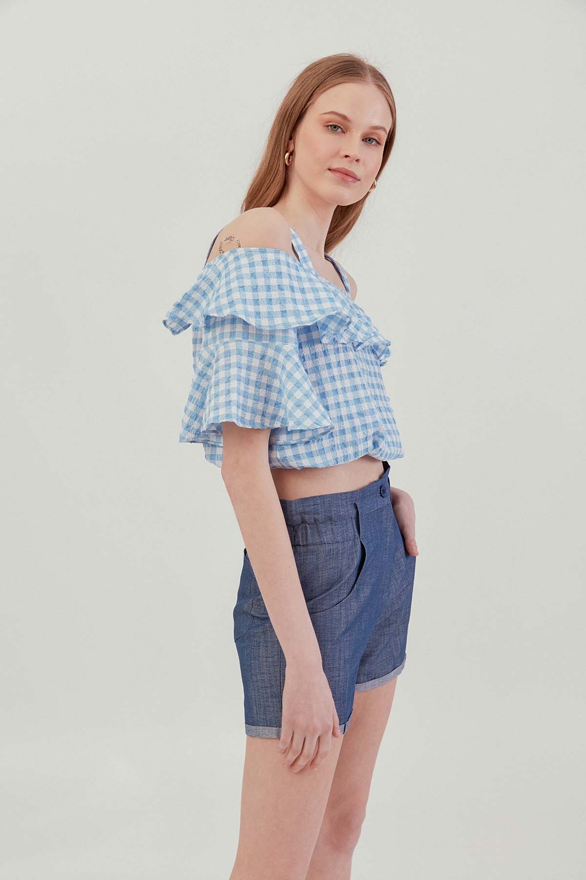 Askılı Volanlı Eteği Lastikli Bluz - Thumbnail