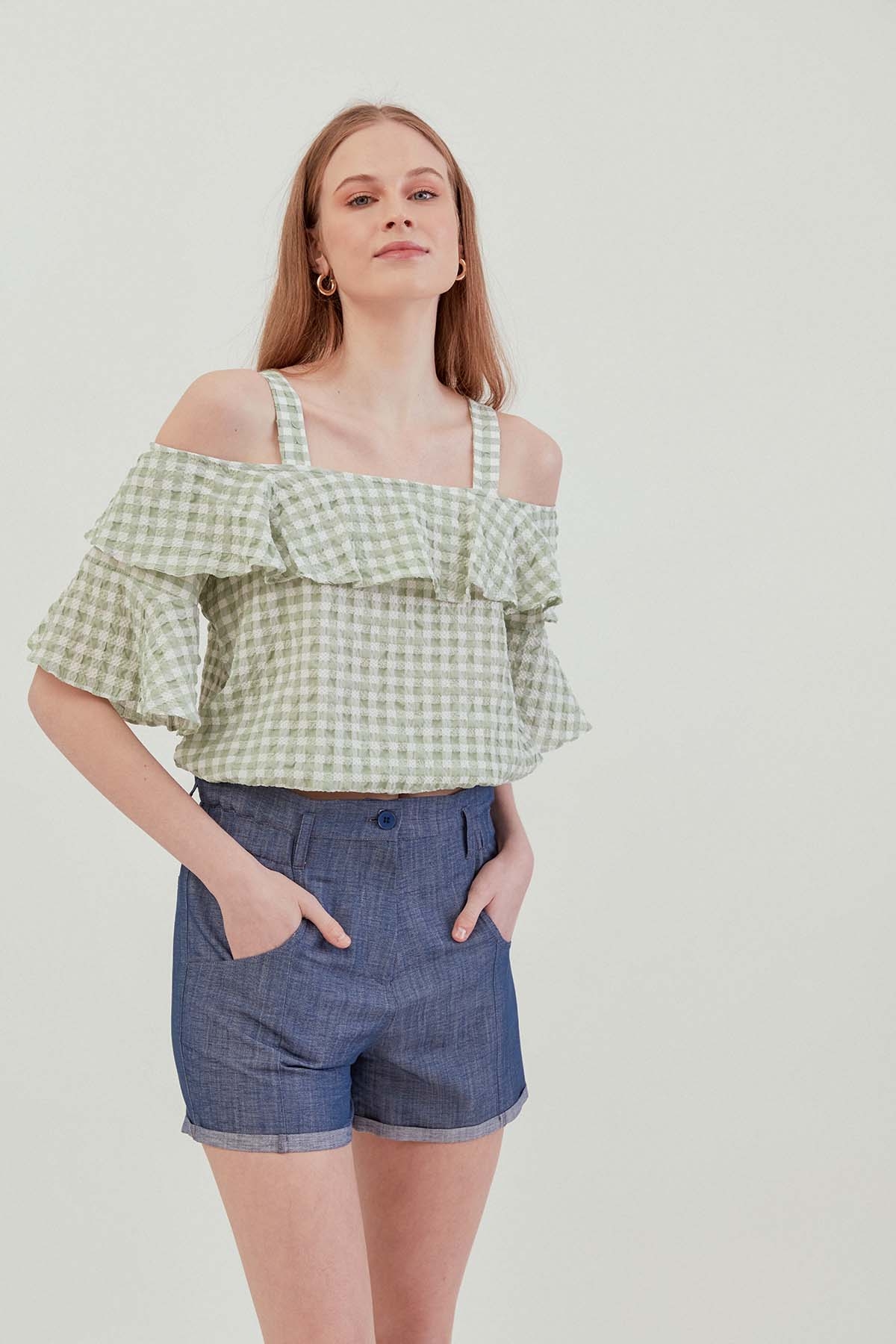 Askılı Volanlı Eteği Lastikli Bluz - Thumbnail