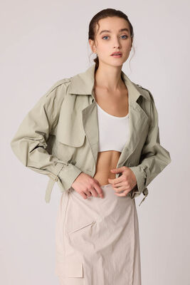 Astarlı Önü Düğmeli Crop Trençkot - Thumbnail (2)