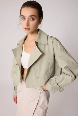 Astarlı Önü Düğmeli Crop Trençkot - Thumbnail (3)