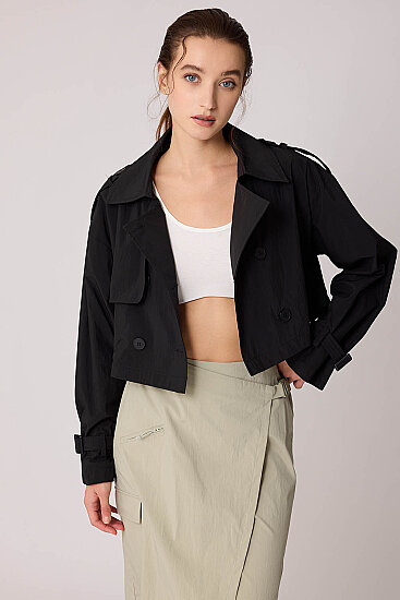 Astarlı Önü Düğmeli Crop Trençkot - 10