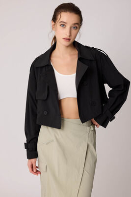 Astarlı Önü Düğmeli Crop Trençkot - Thumbnail (9)