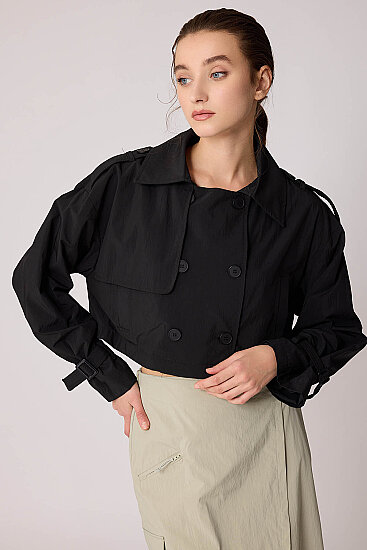 Astarlı Önü Düğmeli Crop Trençkot - 7