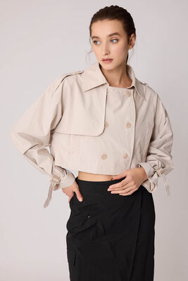 Astarlı Önü Düğmeli Crop Trençkot - Thumbnail (11)