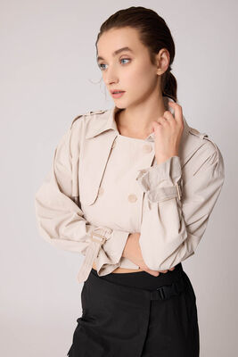 Astarlı Önü Düğmeli Crop Trençkot - Thumbnail (13)