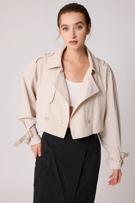 Astarlı Önü Düğmeli Crop Trençkot - Thumbnail (14)