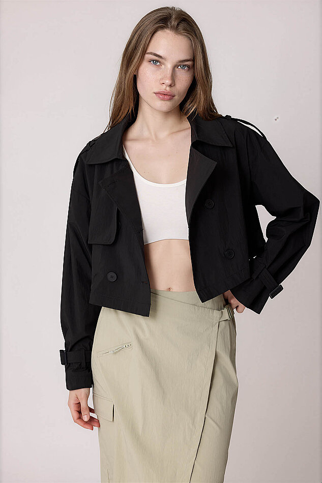 Astarlı Önü Düğmeli Crop Trençkot - 4