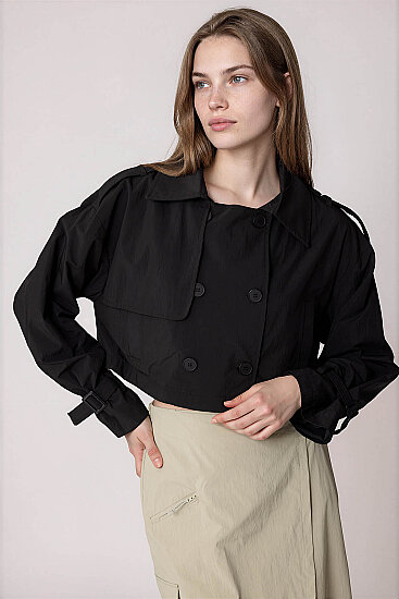 Astarlı Önü Düğmeli Crop Trençkot - 5
