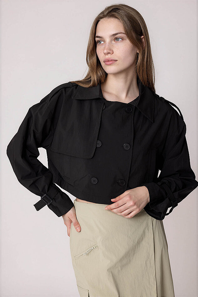 Astarlı Önü Düğmeli Crop Trençkot - 5
