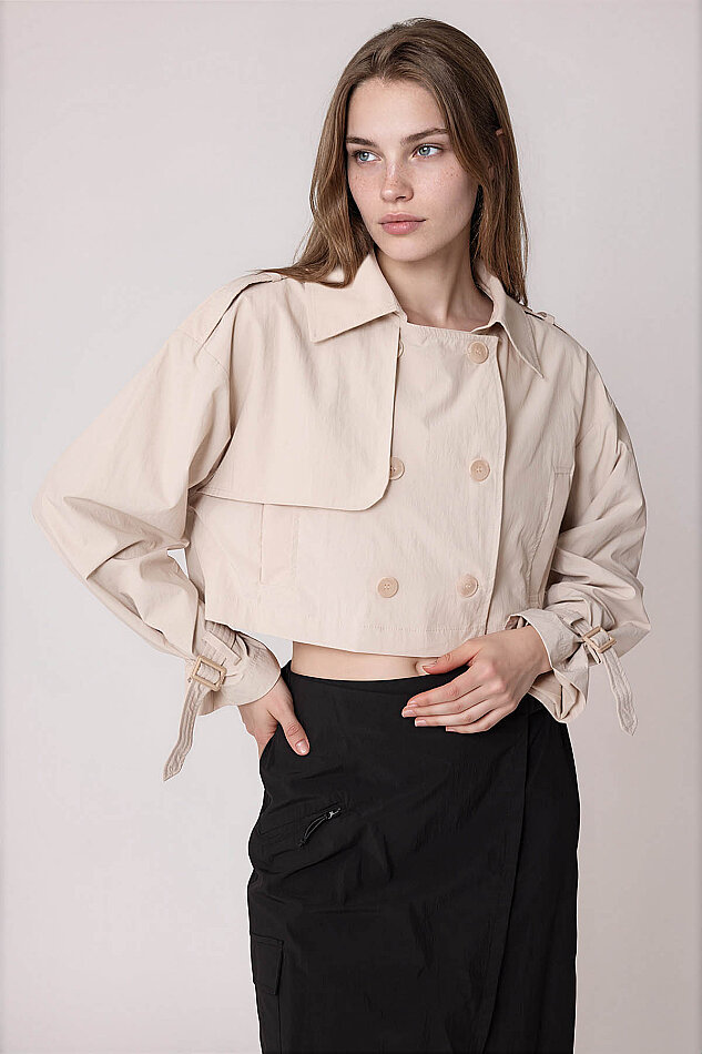 Astarlı Önü Düğmeli Crop Trençkot - 7