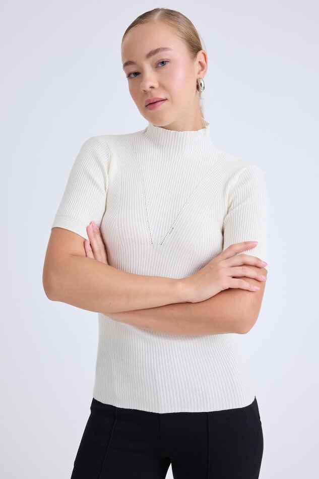 Balıkçı Yaka Yarım Kol Triko Bluz - 1