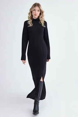 Balıkçı Yaka Yırtmaçlı Uzun Elbise - 3