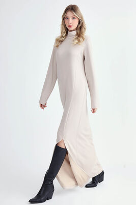 Balıkçı Yaka Yırtmaçlı Uzun Elbise - 8