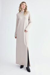 Balıkçı Yaka Yırtmaçlı Uzun Elbise - 9