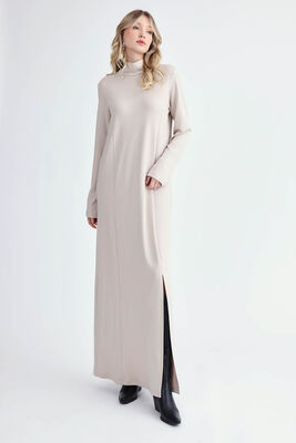 Balıkçı Yaka Yırtmaçlı Uzun Elbise - 9