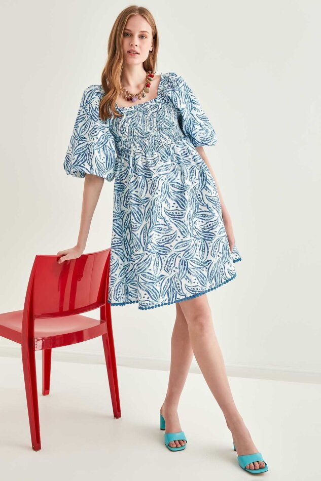 Balon Kol Beden Gipeli Desenli Elbise - 7