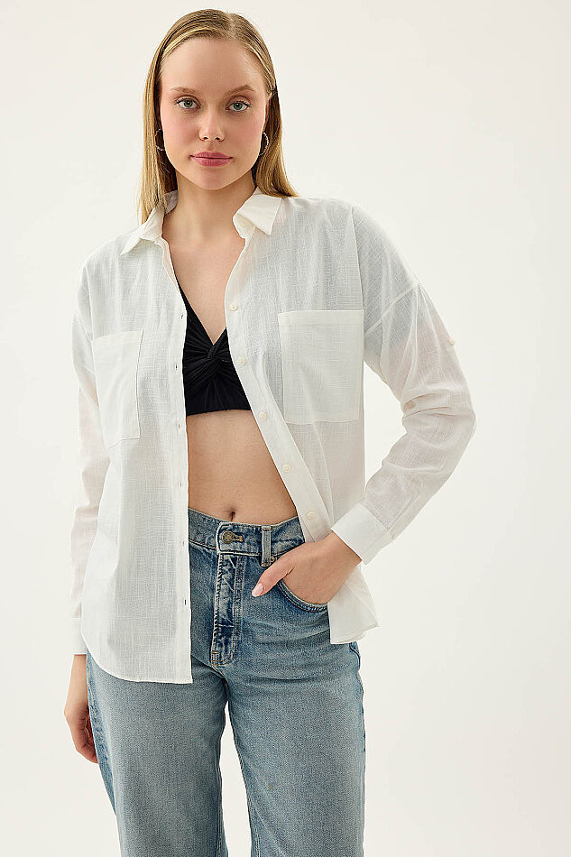 Basic Oversize Önden Cepli Gömlek - 1