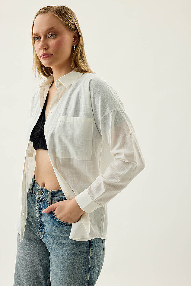 Basic Oversize Önden Cepli Gömlek - 5