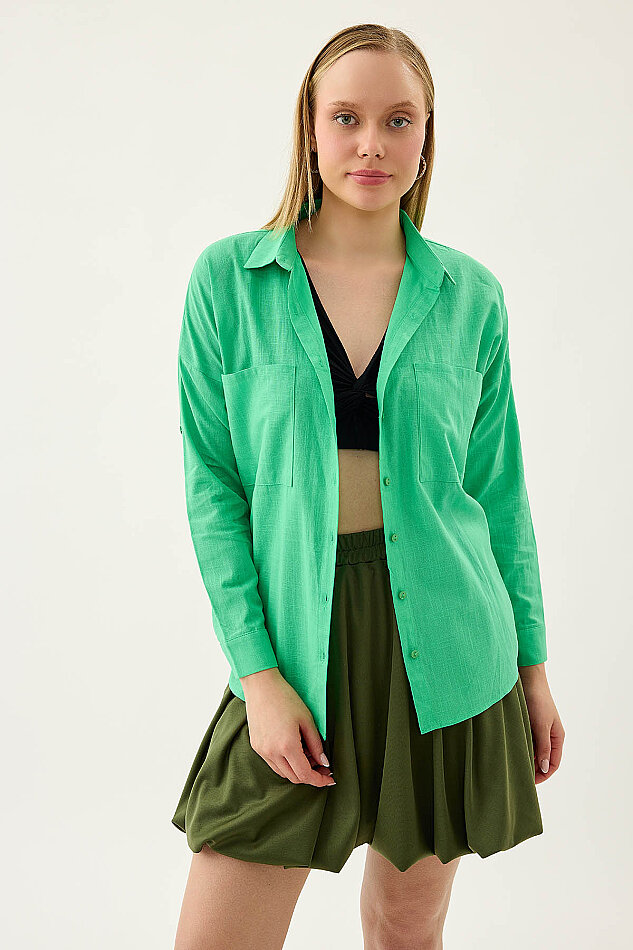 Basic Oversize Önden Cepli Gömlek - 8