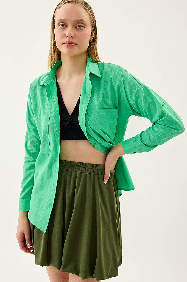 Basic Oversize Önden Cepli Gömlek - 9