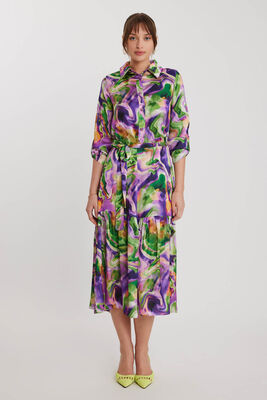 VİTRİN - Batik Desen Uzun Kol Kuşaklı Elbise