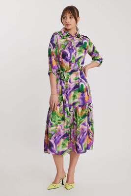 Batik Desen Uzun Kol Kuşaklı Elbise - Thumbnail (2)