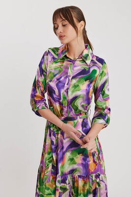 Batik Desen Uzun Kol Kuşaklı Elbise - Thumbnail (3)