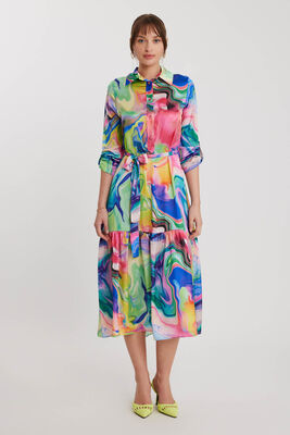 Batik Desen Uzun Kol Kuşaklı Elbise - Thumbnail (5)