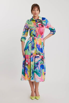 Batik Desen Uzun Kol Kuşaklı Elbise - Thumbnail (6)